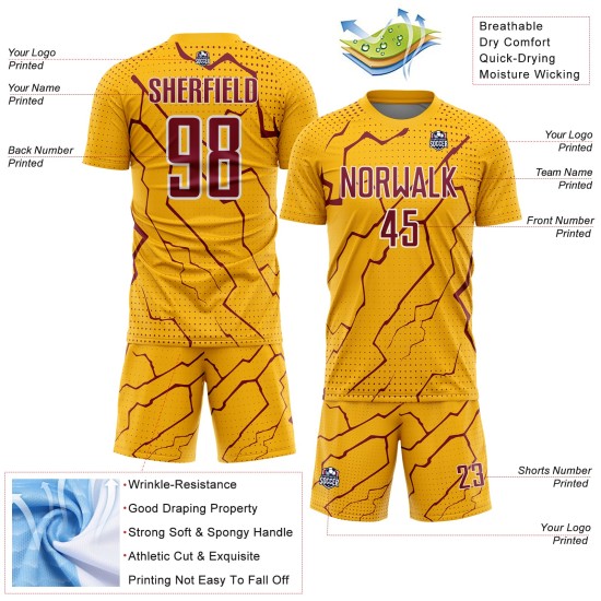 Sublimation Uniform Lightning Crimson-White Soccer Jersey Sports Gold Custom Sublimation Uniform Lightning Crimson-White Soccer Jersey Sports Gold Custom